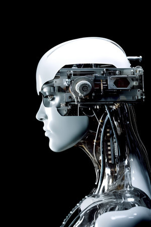 3d rendering of a female robot with a head mounted on a headの素材