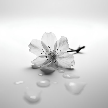 Cherry blossom with water drops on white background, black and whiteの素材