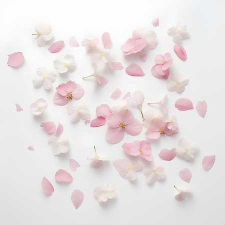 Pink and white petals of hydrangea on white backgroundの素材