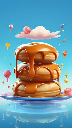 Pancakes with caramel on blue background. 3d illustration.の素材