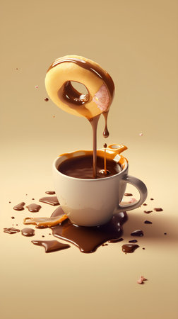 Cup of coffee with splash and chocolate, 3d illustration.の素材