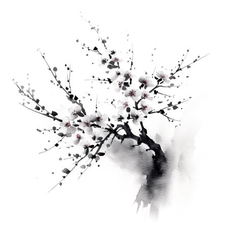 Watercolor cherry blossom branch isolated on white background. Hand painted illustration.の素材