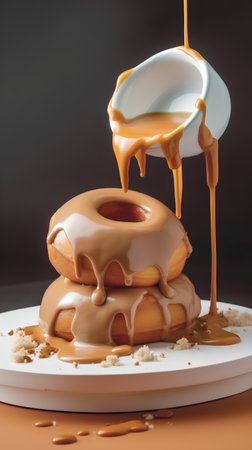 Pouring condensed milk on a stack of doughnuts with caramel sauce.の素材