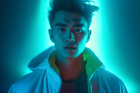 Portrait of a handsome young asian man in neon light.の素材