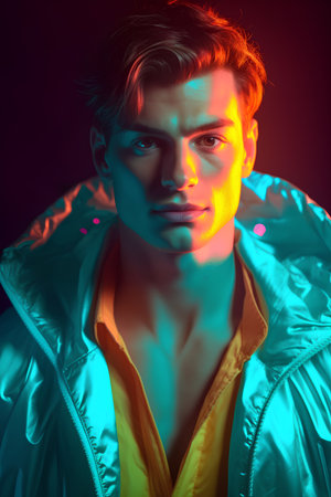Portrait of a handsome young man in a stylish jacket. Men's beauty, fashion. Studio shot.の素材