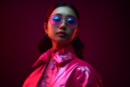 Fashion portrait of young beautiful asian woman in pink shirt and sunglassesの素材
