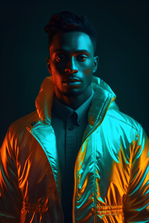Portrait of a handsome african american man in a stylish yellow jacket on a dark background.の素材
