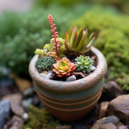 Miniature succulent plants in ceramic pot on stone background, selective focusの素材