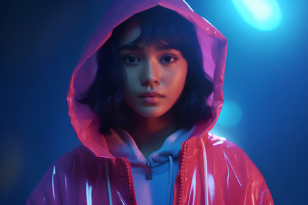 Portrait of a beautiful young woman in a pink raincoat.の素材