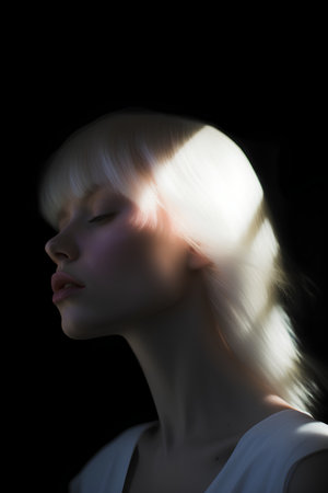 3d rendering of a beautiful girl with long blond hair on a black backgroundの素材