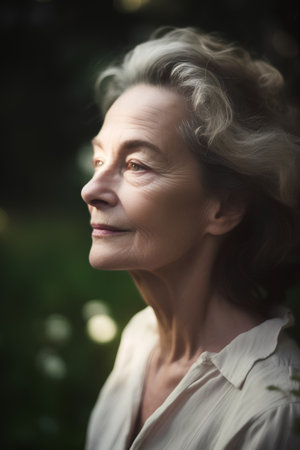 Portrait of a happy senior woman in the garden. Focus on the face.の素材