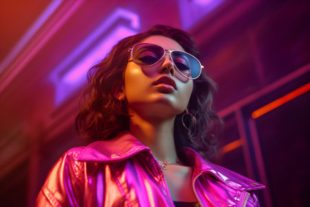 Fashion portrait of a beautiful girl in a pink jacket and sunglasses on a background of neon lights.の素材