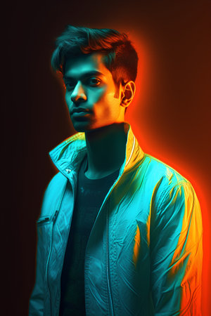 Portrait of a handsome young man in a blue jacket on a dark background.の素材