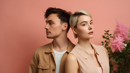 beautiful young couple in beige clothes looking at camera isolated on pinkの素材