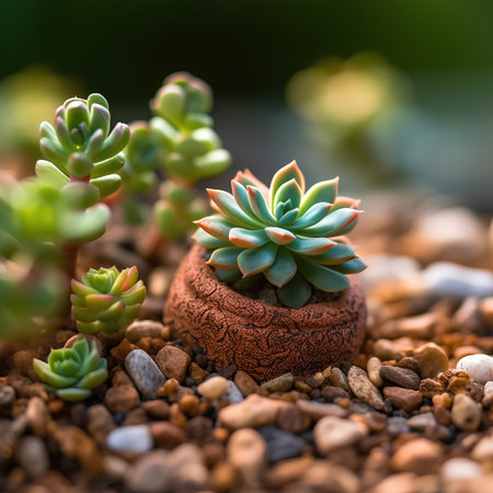 Miniature succulent plant in a pot on pebble backgroundの素材