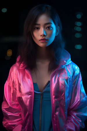 Portrait of a beautiful young asian woman in a pink jacketの素材