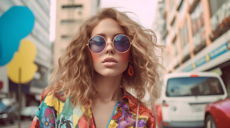 Fashion portrait of beautiful young woman with curly hair wearing stylish sunglasses.の素材
