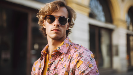Handsome young man in sunglasses on a city street. Men's beauty, fashion.の素材