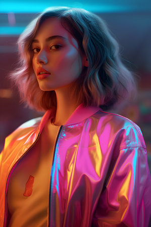 Fashion shot of a beautiful young woman in a bright jacket. Beauty, fashion.の素材