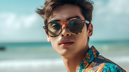 Portrait of handsome young man in sunglasses on the beach. Summer fashion.の素材