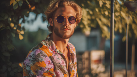 Handsome young man with blond hair wearing sunglasses and a colorful shirt.の素材