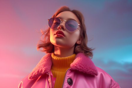 Portrait of a beautiful young woman in a pink coat and sunglasses.の素材