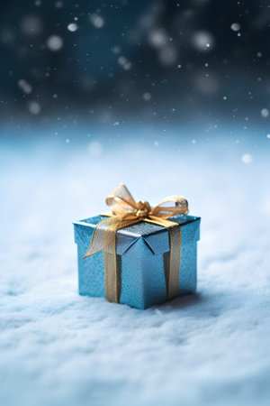 Blue gift box with gold bow in the snow. Christmas background.の素材