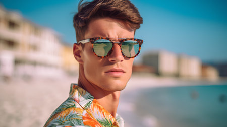 Portrait of a handsome young man in sunglasses on the beach.の素材