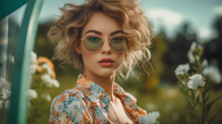 Portrait of a beautiful blonde girl with curly hair in sunglasses on the background of nature.の素材