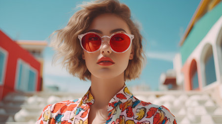 Fashion portrait of beautiful young woman in red sunglasses on the background of the beachの素材