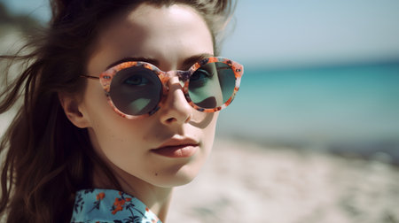Portrait of beautiful young woman in sunglasses on the seashoreの素材