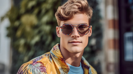 Portrait of a handsome young man in sunglasses. Men's beauty, fashion.の素材