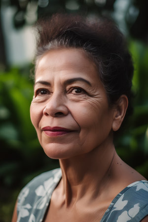 Portrait of smiling senior Asian woman looking at camera in garden.の素材