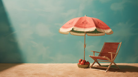 Beach chair with watermelon on green wall background. 3d renderの素材