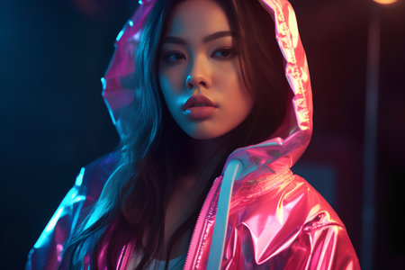 beautiful asian woman in pink raincoat posing on black backgroundの素材