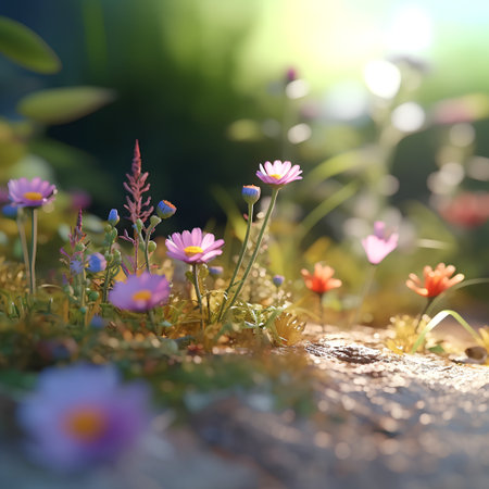 Wild flowers in the forest. Nature background. Soft focus, bokeh.の素材