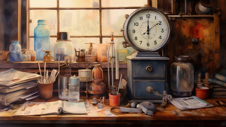 A picture of an old clock and tools on the background of the windowの素材