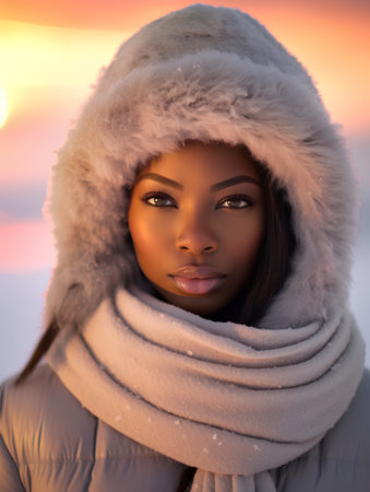 Beautiful young african american woman in winter clothes at sunsetの素材