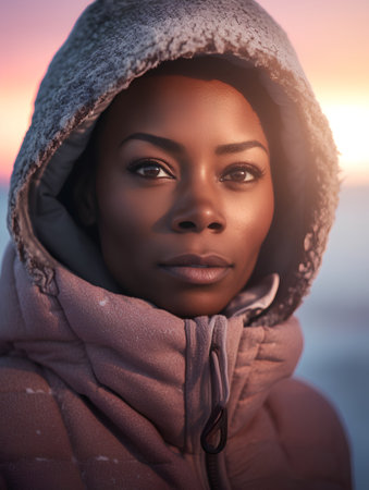 Close up portrait of a beautiful african american woman wearing a warm coat and hood on the beach.の素材