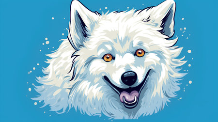 Vector illustration of a white wolf head on a blue background. Cartoon style.の素材