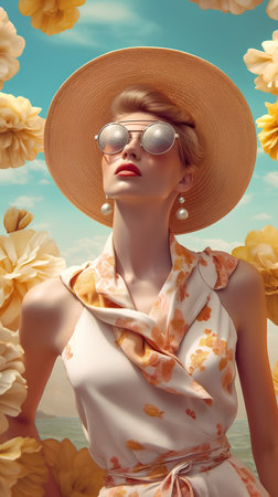 Portrait of a beautiful girl in a hat and sunglasses on a background of yellow flowersの素材