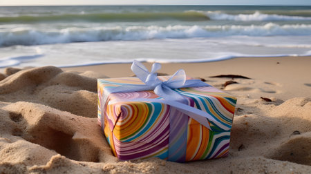 Gift box on the beach with the sea in the background.の素材