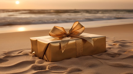 Golden gift box with bow on sandy beach at sunset. Holiday conceptの素材