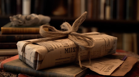 Old books tied with a rope and tied with twine on wooden backgroundの素材