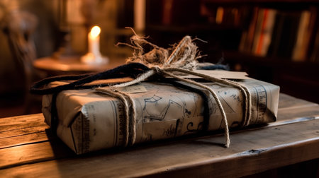 Gift box tied with twine on a table in a libraryの素材