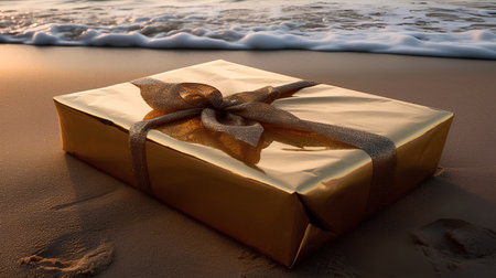 Golden gift box on the beach. Holiday concept. 3d renderingの素材