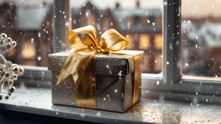 Gift box with golden bow on the background of the window. Christmas and New Year concept.の素材