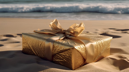 Golden gift box on the sand with sea and waves in the backgroundの素材