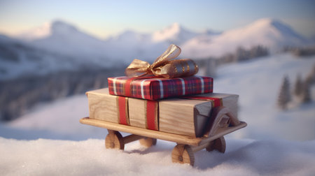Wooden sled with gifts on snow in the mountains. Christmas backgroundの素材