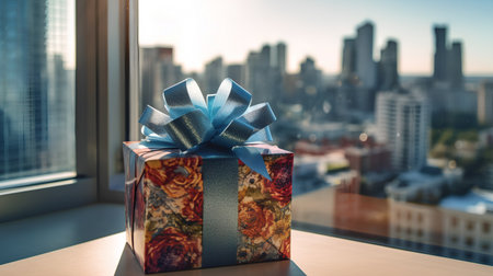 Gift box with blue bow on the background of the city.の素材